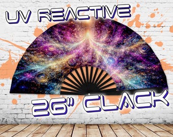 UV Glow Galaxy Fan Rave Zubehör für das Sommer Festival - Lauter Klack Fan Trippy Party Zubehör - Psychedelische Faltfächer für EDM Party