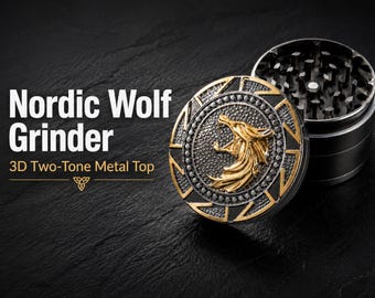 Nordic Wolf XL Spice Grinder, Raised 3D Gold Silver Viking Medallion, Unique Mens Gift for Him, Herb Spice Mills, Norse Warrior Collectible