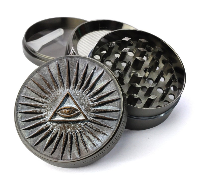 Extra Large 5 Piece Spice Tobacco Herb Grinder with PollenKeef Catcher for Herb Grinders Stone All Seeing Eye Illuminati Esoteric Symbol