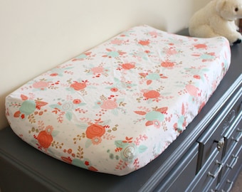 Floral Changing Pad Cover, baby girl changing pad cover, diaper pad cover, changing cover, floral nursery, pink mint nursery, baby bedding
