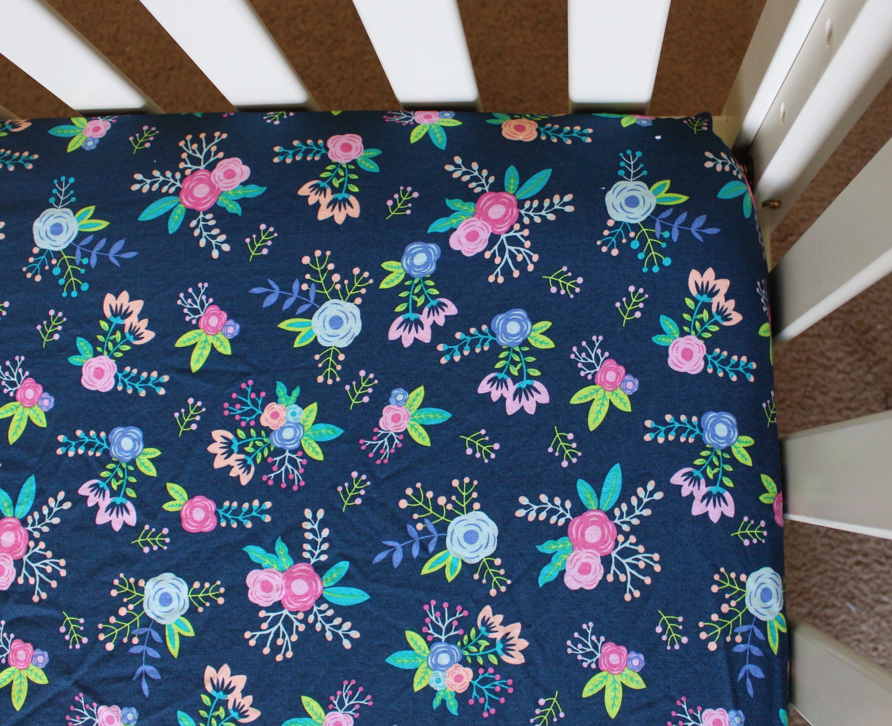 navy floral crib sheet
