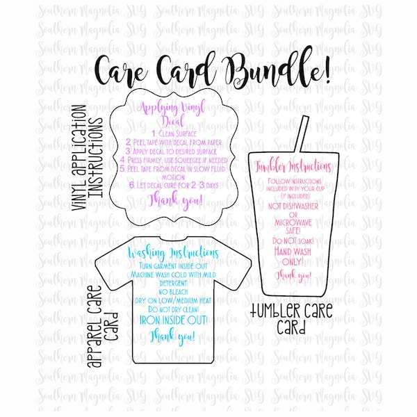 Care Card Instructions BUNDLE - Apply Vinyl Decal - Print and Cut File - Silhouette - Cricut - Care Instructions - SVG - Design - File ONLY