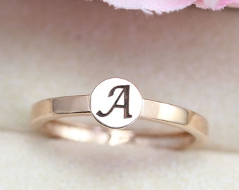 Personalized Initial Ring: Engraved Letter 14k Gold Stacking Ring