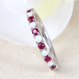 14k White Gold Opal Ruby Eternity Band Wedding Ring Engagement Promise Stacking Antique Style