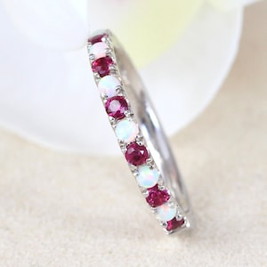 Opal Ruby Eternity Band, White Gold Ruby Opal Wedding Ring, Eternity Opal Wedding Ring, Ruby Promise Band, Opal Stacking Ring