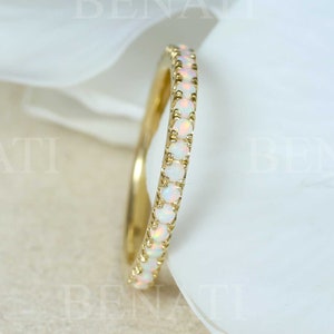 Gold Opal Eternity Band: Thin Wedding Ring, Stacking Ring