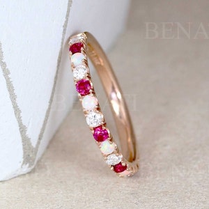 Opal Ruby Diamond Eternity Band 14k Rose Gold, Ruby Opal Anniversary Ring Gift, Eternity Opal Wedding Ring, Ruby Ring, Opal Stacking Ring