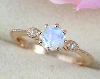 Vintage Moonstone Engagement Ring, Rose Gold Antique Ring, Rainbow Moonstone Ring Promise Anniversary Gift Wedding Bridal Ring