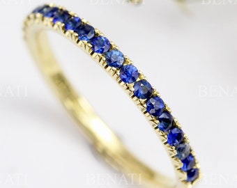 Natural Sapphire Eternity Band, Solid Gold Sapphire Ring, Eternity Wedding Band, Thin Wedding Ring, 2mm Sapphire Stacking Ring, 14k/18k