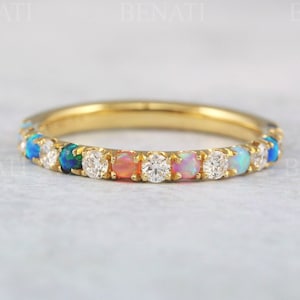 Solid gold multi color opal band, Opal rainbow ring, Color change eternity ring, Anniversary gift, Opal eternity wedding band for women,