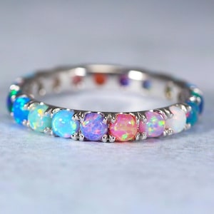 Eternity Wedding Band, Wide 3mm Solid Sold Multi Color Opal Band, Opal Rainbow Ring, Color Change Ring, LGBT Pride Ring