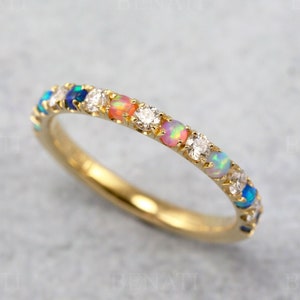 Multicolor Opal And Diamond Eternity Band, Solid 14k Gold Opal Band, Opal Rainbow Ring, Color Change Eternity Ring, Anniversary Gift For Her