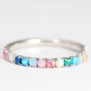 Opal eternity wedding band for women, Solid gold multi color opal band, Opal rainbow ring, Color change eternity ring, Anniversary gift