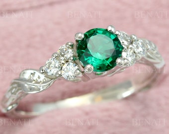 Vintage Emerald Engagement Ring, Diamond Cluster Leaf Ring in 14k Yellow Gold, Nature-Inspired Anniversary Gift