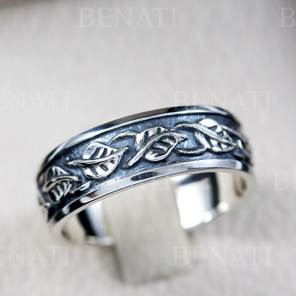 Mens Wedding Band, Silver Unique Rustic Wedding Band,  7 mm Wide Wedding Band, Mens Wedding Rings, Leaves Vine Wedding Ring, Elvish Band