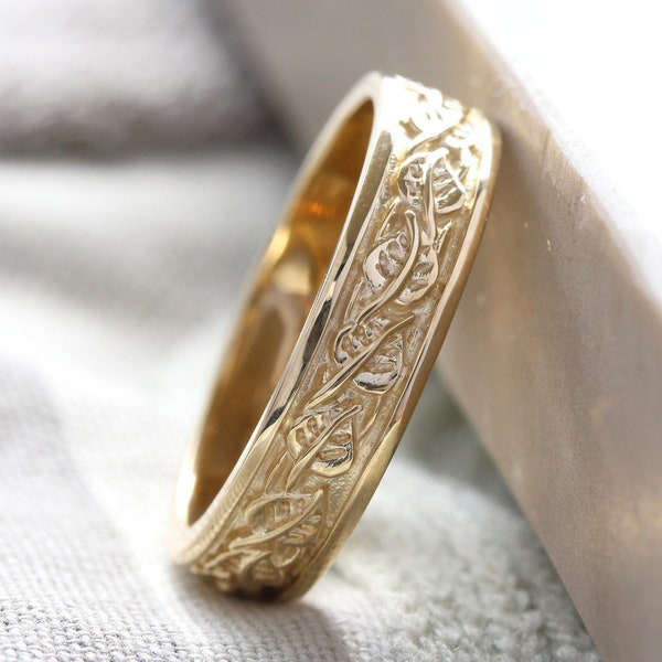 Mens trouwring, unieke rustieke trouwring, brede trouwring, heren trouwringen, bladeren trouwring, Vine ring Elvish trouwring