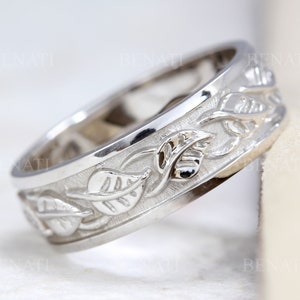 Men's Rings Leaf Pattern 7mm Wide Silver Men's Wedding Band – Rustic Vine Ring, Unique Nature ...