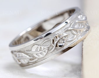 14k Weißgold Blatt Ehering - Elvish Vine Ring
