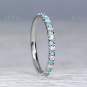 Opal Eternity Band: Thin 14k Gold Wedding Ring with Diamonds