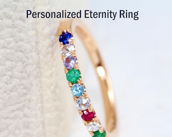 Anillo de eternidad con piedra natal arcoíris de oro: Anillo personalizado con piedras preciosas para la familia.