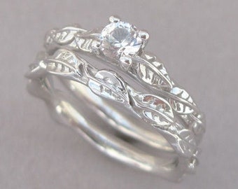 Ensemble de fiançailles Bridel, ensemble de mariage de feuille de moissanite, ensemble de fiançailles de saphir blanc, bague de fiançailles d’or et de diamant, ensemble de mariée moissanite