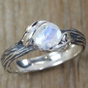 Moonstone Ring, Moonstone Nature Ring, Rainbow Moonstone Leaf Ring, Sterling Silver Ring, Bark Ring, Vine Ring, Leaves Ring, Promise Ring