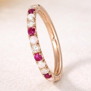 Rose Gold Eternity Band: Opal, Ruby, Diamond Wedding Ring