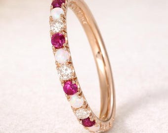 Rose Gold Eternity Band: Opal, Ruby, Diamond Wedding Ring