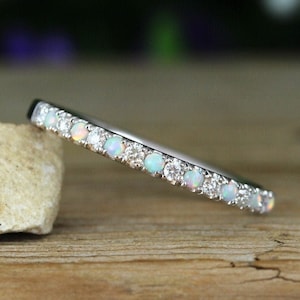 Opal and Moissanite Eternity Band, Eternity 2 mm Band, Thin Wedding Ring, Opal Wedding Band, Opal Stacking Ring, Moissanite Ring