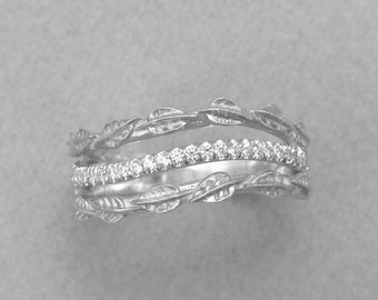 Diamond Leaves Ring, Leaves Engagement Ring, Leaf Wedding Ring, White Gold Leaf Ring, Nature Ring, Vine Ring, Diamond Ring, Promise Ring