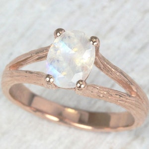 Nature Moonstone Engagement Ring, Rose gold Twig Rainbow Moonstone Ring, Wood Forest Boho Ring, Twig Elvish Ring Fantasy Branch Green Ring