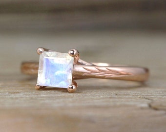 Rose Gold Moonstone Ring, Rainbow Moonstone Nature Inspired Boho Engagement Ring, Square Stone Vintage Ring Christmas Gift READY TO SHIP