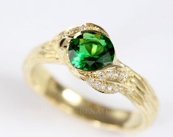Solid Gold Emerald Engagement Ring – Nature Inspired Leaves Ring, Twig and Bark Ring, Emerald Vine Ring, Unique Botanical Bridal Jewelry