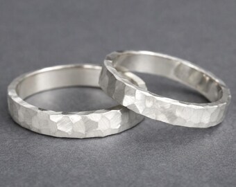 Hammered Sterling Silver Wedding Band Set - Rustic His & Hers Matching Rings for Couples