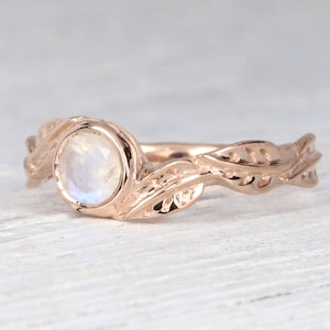 Rose gold Leaves Moonstone Ring, Rainbow Moonstone Engagement Ring, Boho Floral Nature Inspired Ring, Gemstone Statement Ring READY TO SHIP
