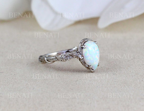 White Opal Silver Ring, Pear Cut Opal Ring, Leaf Engagement Ring