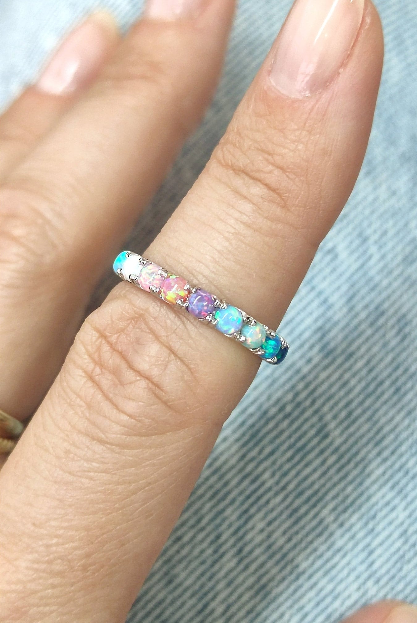 3mm Opal Eternity Wedding Band Silver Rainbow LGBT Pride Ring for Her