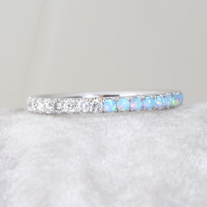 Opal And Diamond Eternity Band, 14k Gold Half Opal Half Diamond Ring, Eternity Wedding Band, Thin Opal Wedding Ring, 2mm Opal Stacking Ring