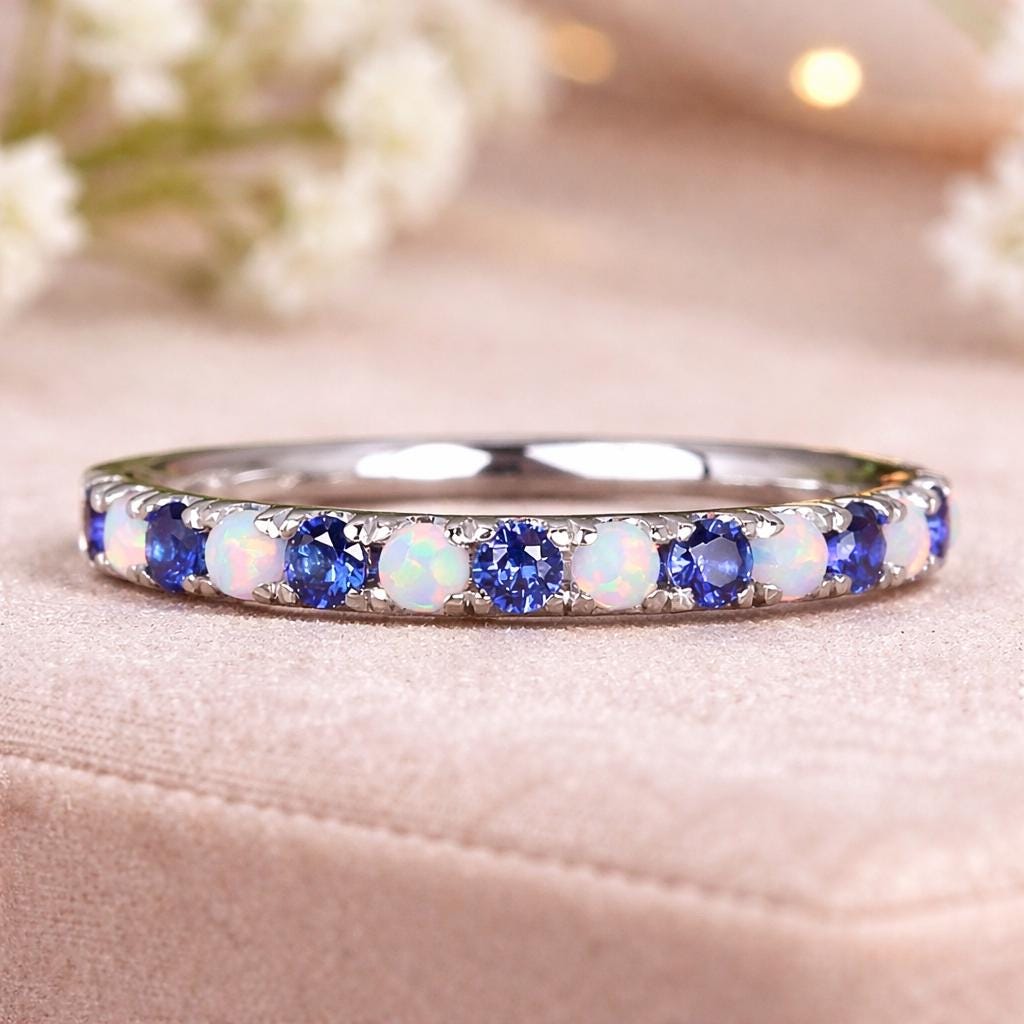 Opal Sapphire Eternity Band: 14k White Gold Wedding Ring