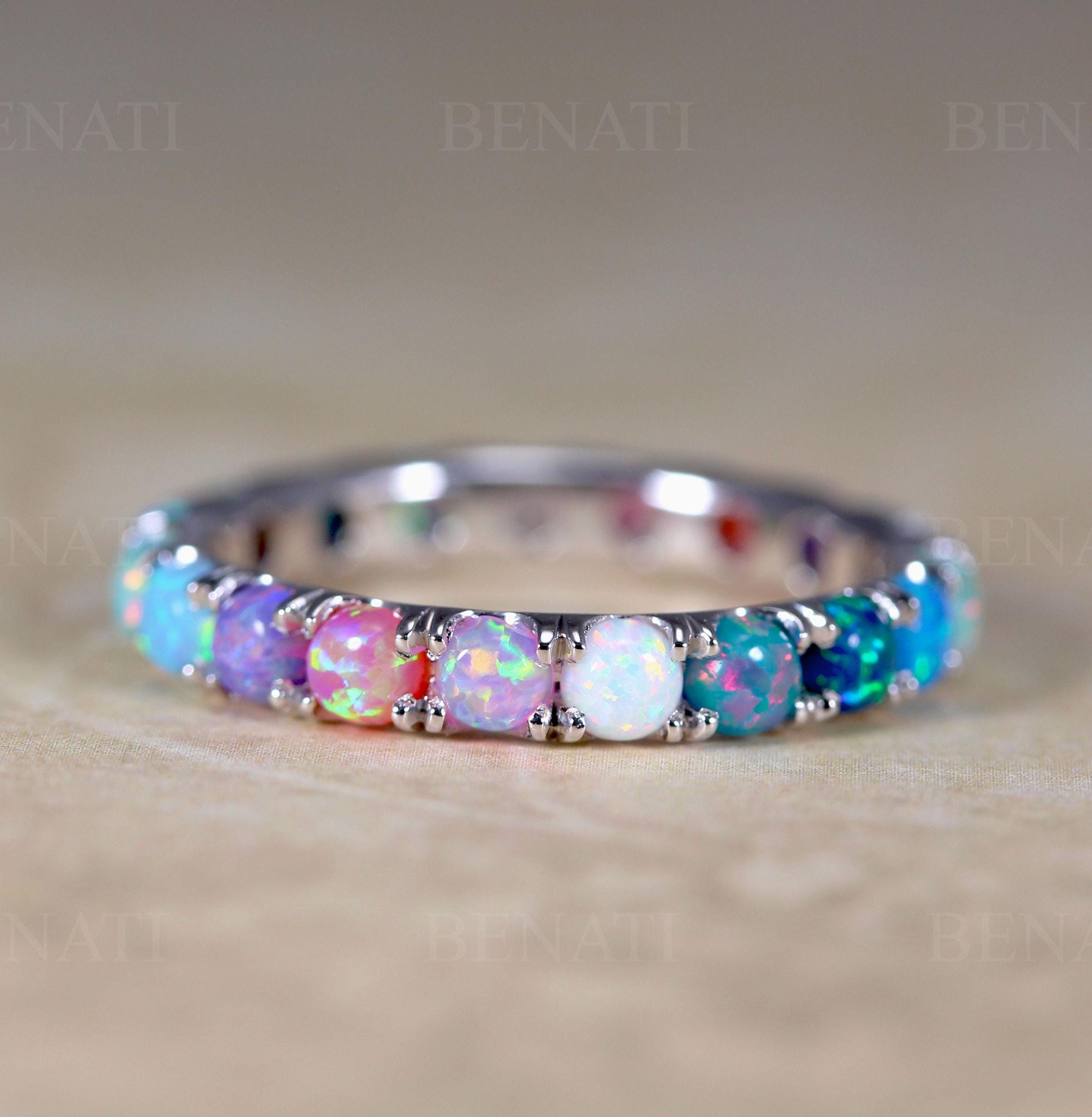 3mm Opal Eternity Wedding Band Silver Rainbow LGBT Pride Ring for Her