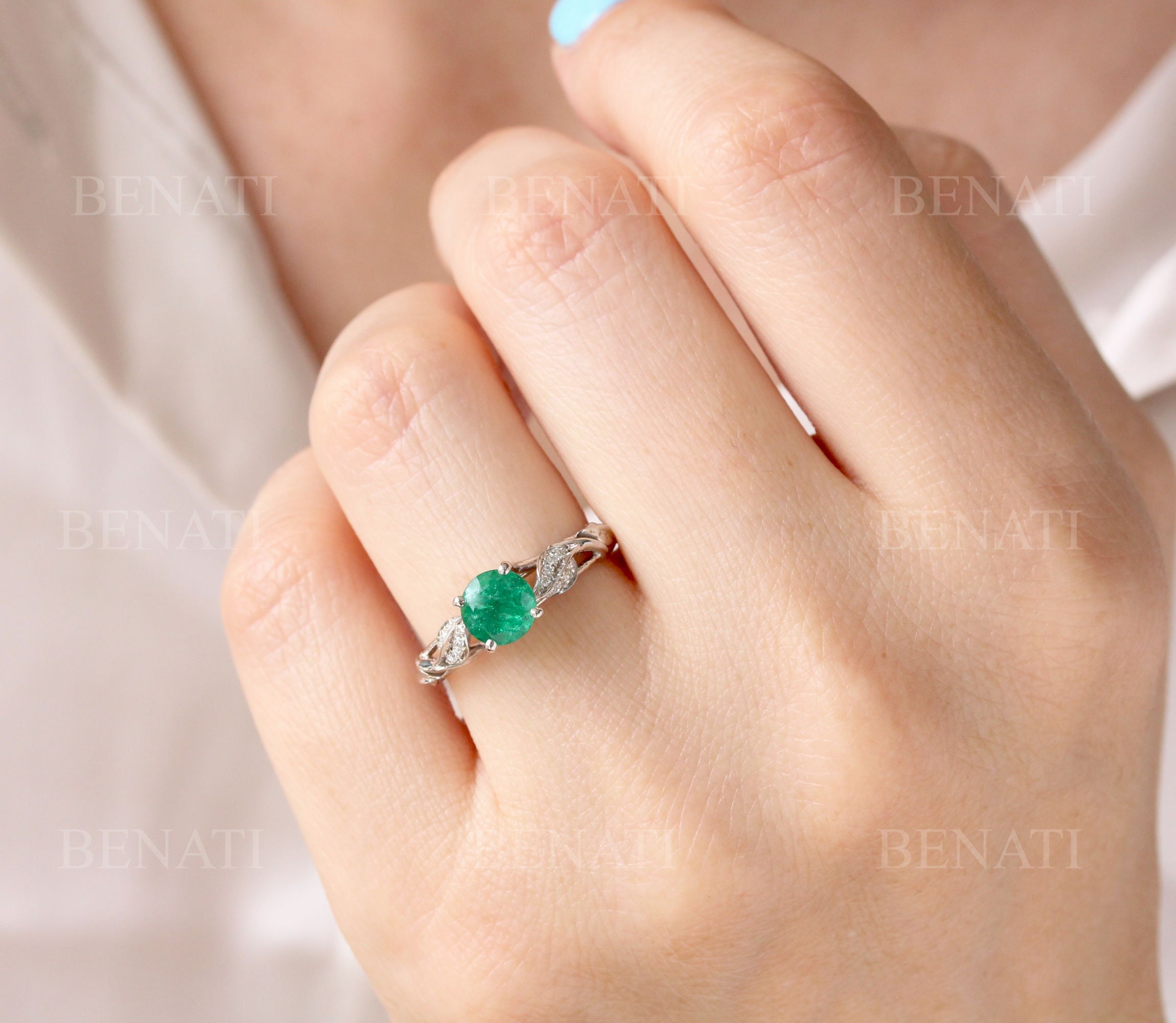 leaf emerald engagement ring, 1 CT Antique white gold leaf ring, Nature inspired ring, Boho vintage Leaves Ring, 14k 18k solid