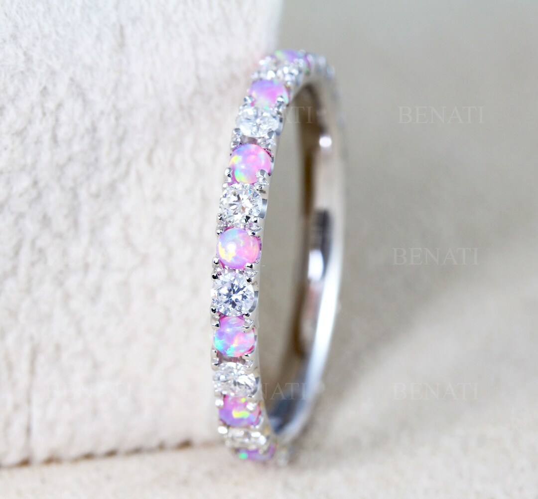 Opal Diamond Wedding Band, Eternity Band, Rose Gold Pink Opal Ring, 2 ...