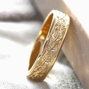 Men’s Rustic Wedding Band – Unique Wide Vine and Leaves Ring, Elvish Nature-Inspired Wedding Ring for Him