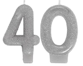 40th Milestone Candles Birthday Silver Glitter Candles Sparkling Party Decorations Supplies