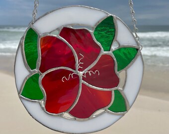 Stained Glass Red Hibiscus Sun Catcher