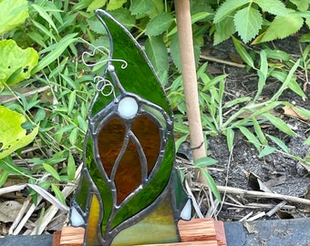 Stained Glass Gnome with Wire Accents in a Wood Base