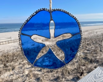 Stained Glass Nautical Blue Sand Dollar Sun Catcher