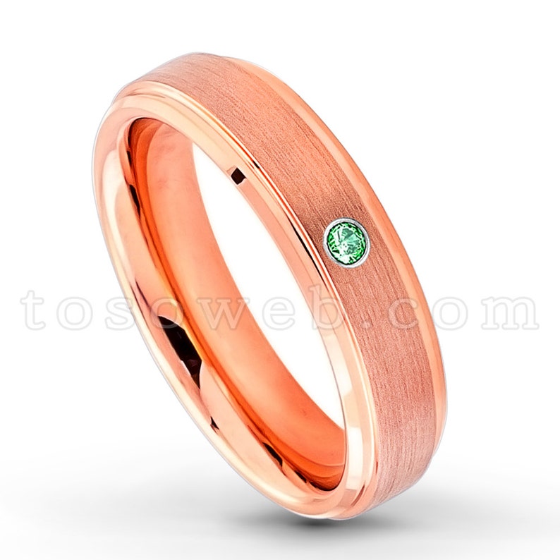 Ladies Emerald Solitaire Wedding Band Rose Gold Plated Beveled Edge Comfort Fit Tungsten Carbide Ring TS3722 May Birthstone