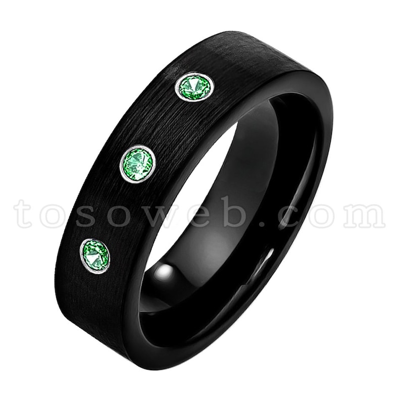 7mm Brushed Black IP Pipe Cut Edge Ladies May Birthstone Ring Emerald Wedding Band Tungsten Carbide Ring TS2322