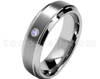 レディース 12 月誕生石リング、タンザナイト ソリティア 結婚指輪、7 mm ブラシ仕上げセンター ベベルエッジ、タングステン カーバイド リング TS0682